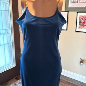 Elegant Blue Midi Dress with Gold Chain Straps